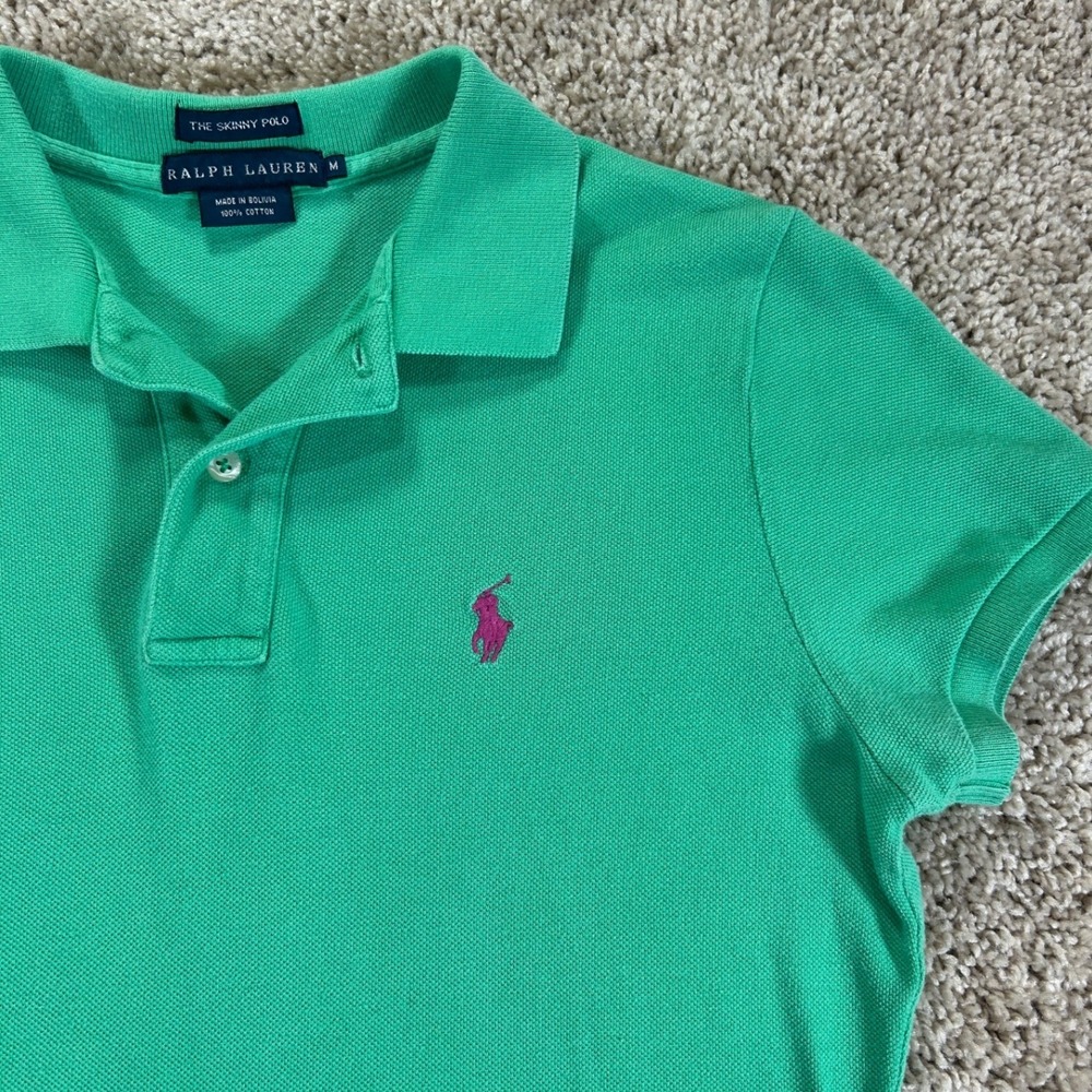 Ralph Lauren The Skinny Polo Women M Green Short Sleeve Pink Pony Cotton Preppy